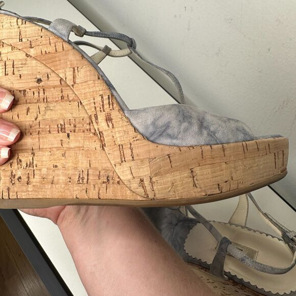 Prada Tie Dye Light Blue Suede Tan Cork Wedge Sandals Ankle Espadrilles 38 - Picture 10 of 13